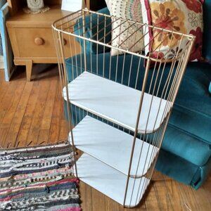 Small Retro Style Wire Standing Shelf with Wood Inserts 28" x 14"